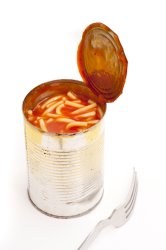 Open tin of spaghetti in tomato sauce