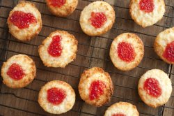 coconut drop cookies with strawberry jam