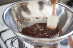 Melted chocolate in a stainless steel bowl