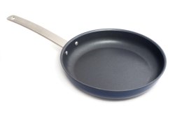 Clean empty non-stick frying pan on white