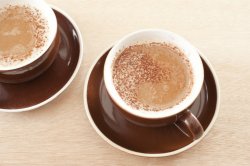 Two cups of frothy cappuccino