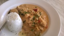 chicken curry served with white rice