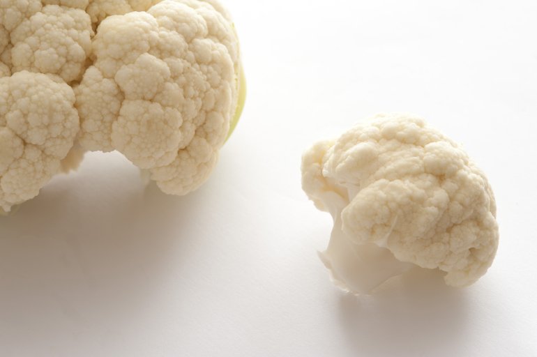 Fresh white cauliflower in a close up view of the flower head and a small loose floret ready to prepare for dinner, over white with copyspace
