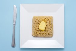 buttered crumpet in square dish
