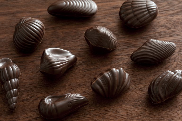 Tasty sweet Belgian chocolates formed as seashells spread out on dark wooden table