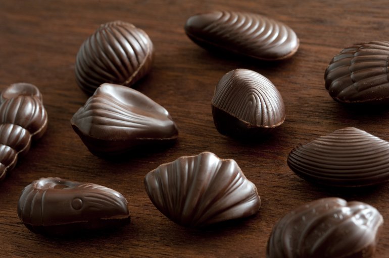 Assortment of shell shaped dark chocolates resembling a variety of seashells on a wooden table, viewed close up high angle