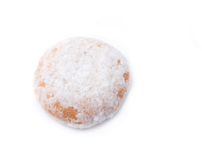 Freshly fried round doughnut filled with jam and frosted with sugar for a delicious high calorie snack on a white background
