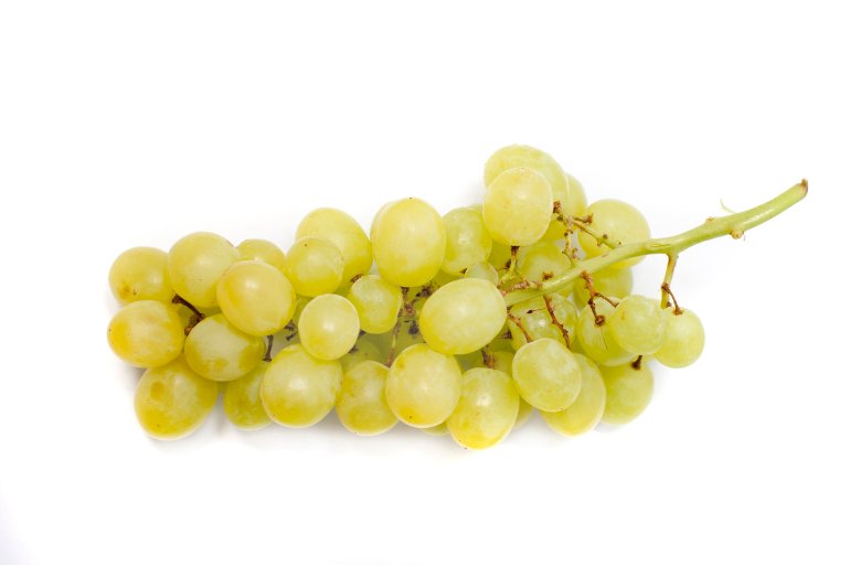 Bunch of fresh green grapes on a white background for a healthy sweet vegetarian snack or to be used in winemaking