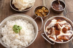 Savory Indian Dishes with Rice and Chutney