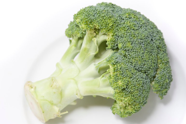 Head of fresh raw broccoli lying on a white plate showing detail of the edible stalk and florets in this healthy vegetable